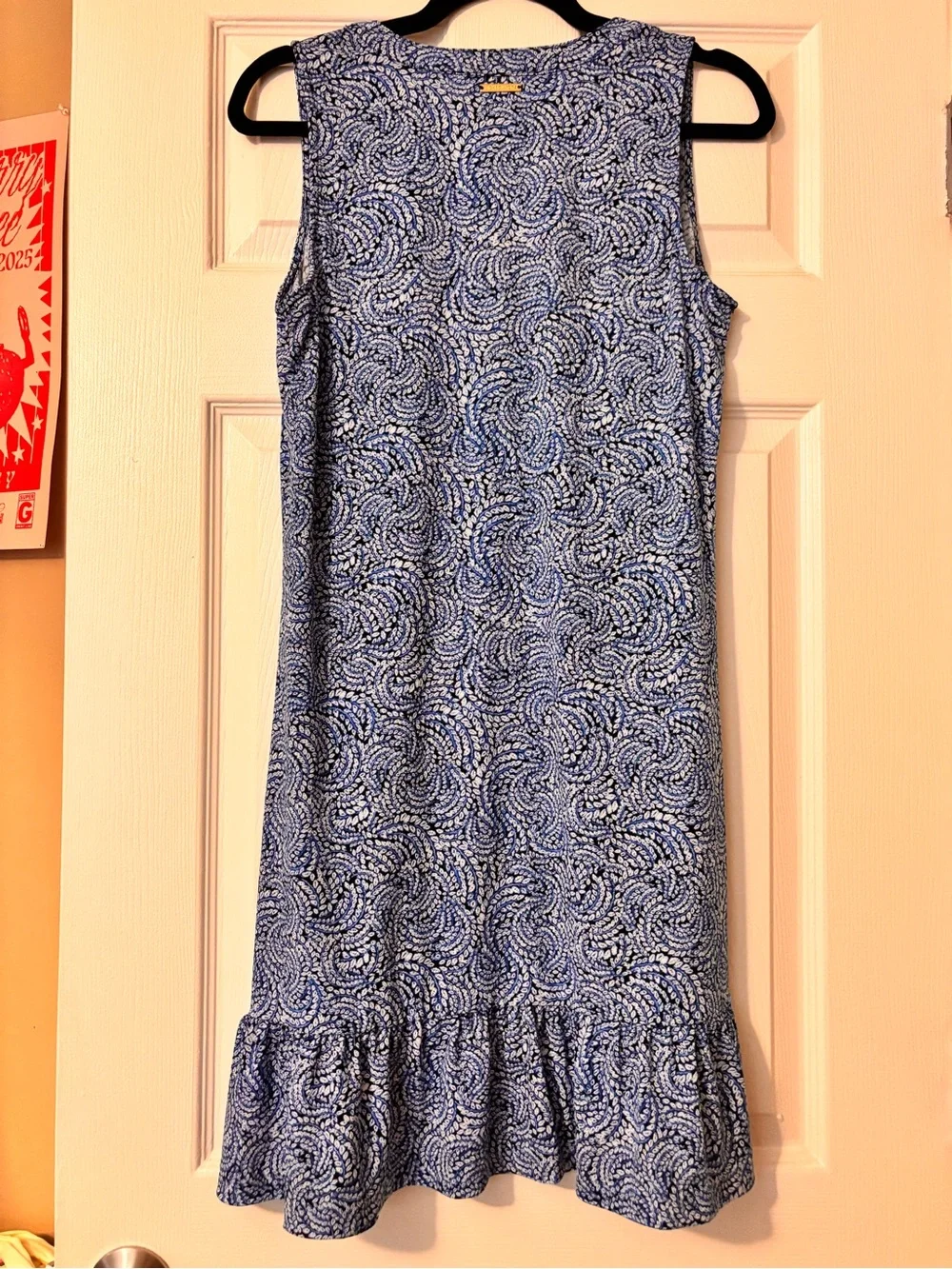 Blue and white pattern tank ruffle-hem Michael Kors dress with gold details